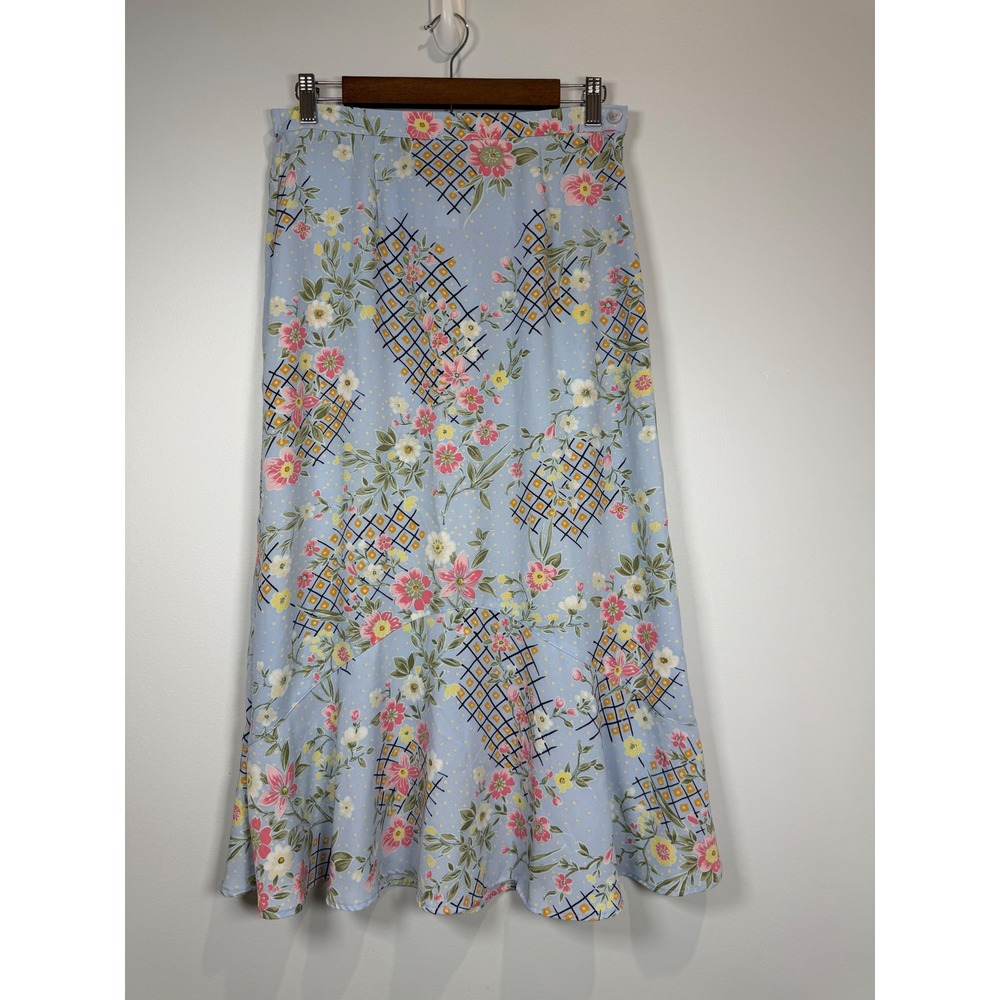 Sag Harbor Petite Blue Floral Lattice Midi Skirt‎ 8P Elastic Waist Vintage Style